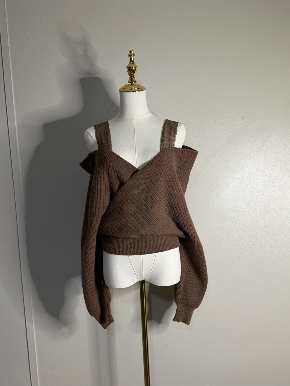 ROMWE Brown Off-The-Shoulder Ribbed Knit Sweater with Straps